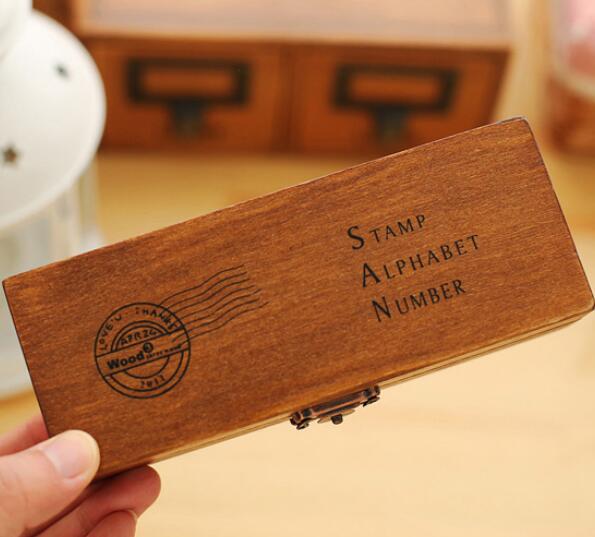 Alphabet Rubber Stamp Set with Antique Wooden Box